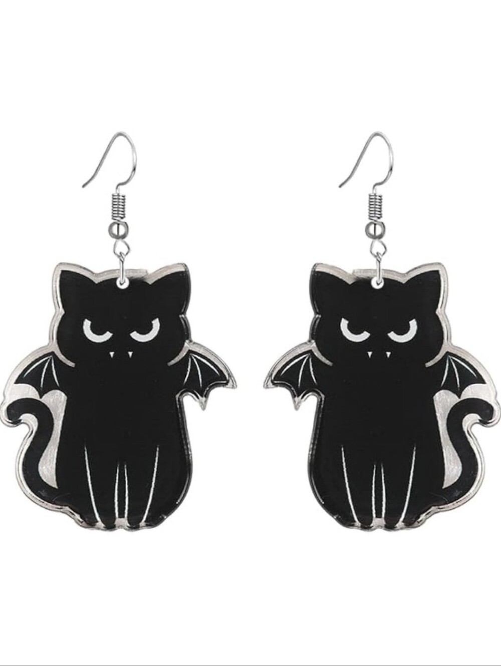 Black Bat Cat Dangle Earrings - Cute Gothic Cat Earrings